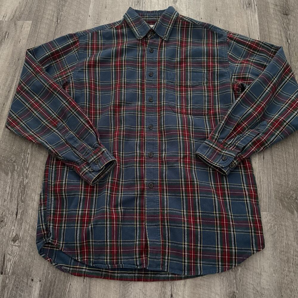 LL Bean Flannel Shirt Mens Medium Regular Fit Long Sleeve Teal Blue Tartan Plaid